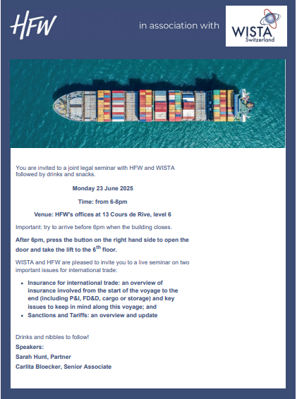 Joint Legal Seminar on Insurance, Sanctions and Tariffs, HFW x Wista Switzerland, June 23rd, HFW Office, Geneva