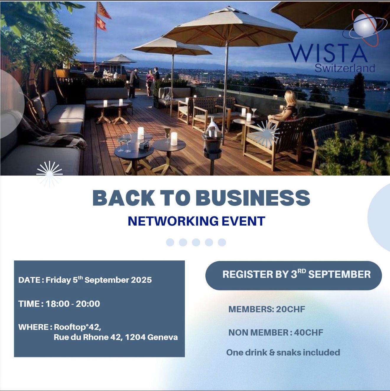 Back to Business Networking Event, September 5th, Rooftop 42, Geneva